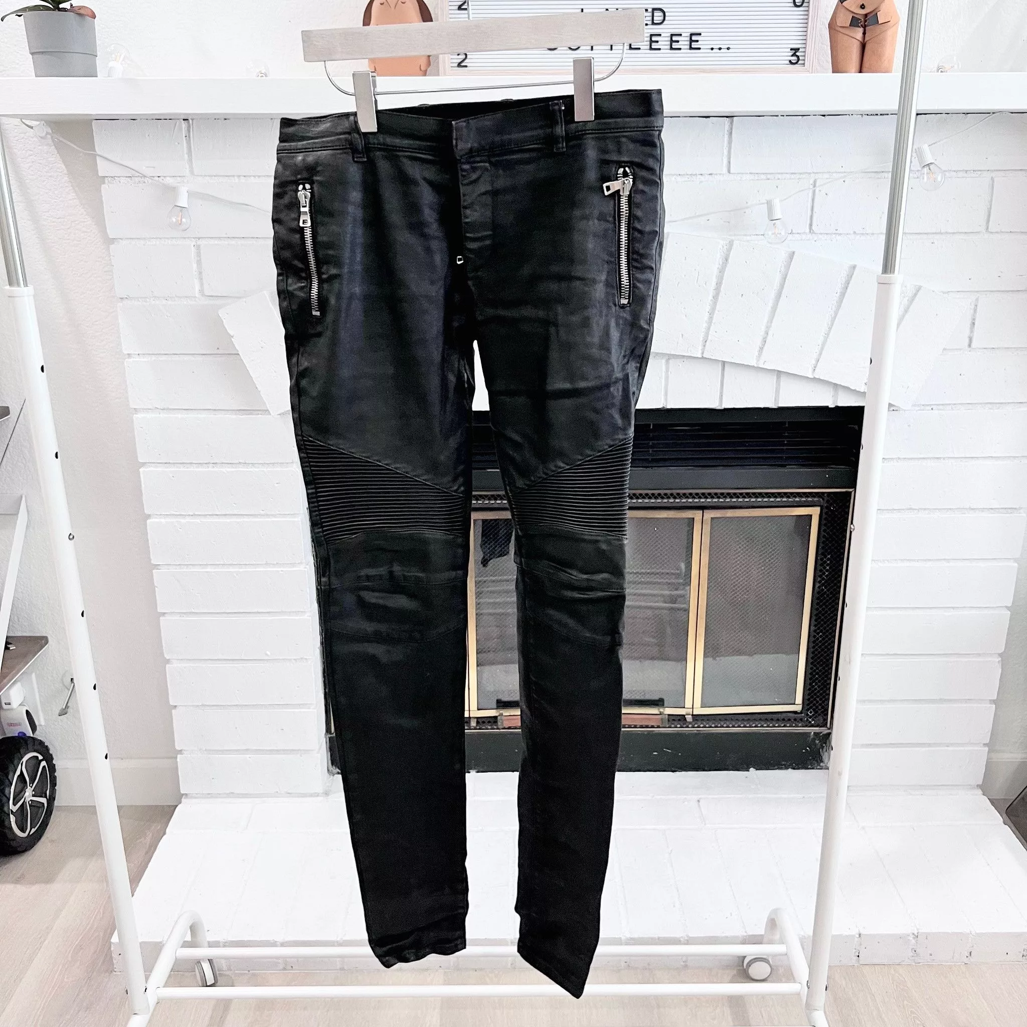 Balmain Denim Balmain Waxed Coated Biker Moto Denim Jeans Black