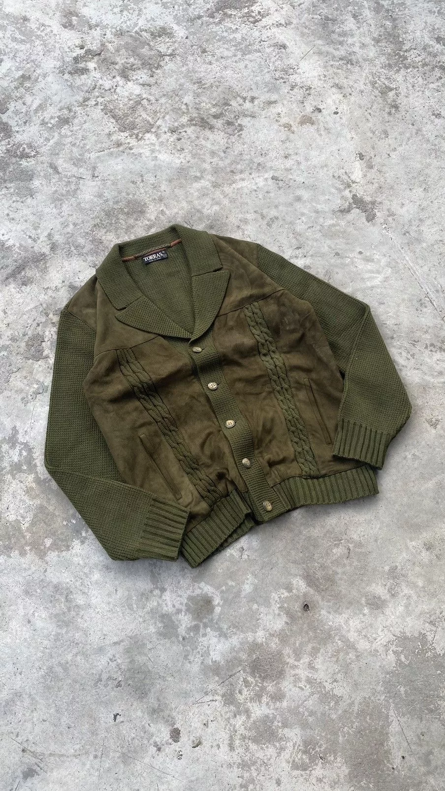 Designer Light Jackets Designer × Torras Torras Suede Cable Knit Jacket 80s Spain Green Avant-Garde