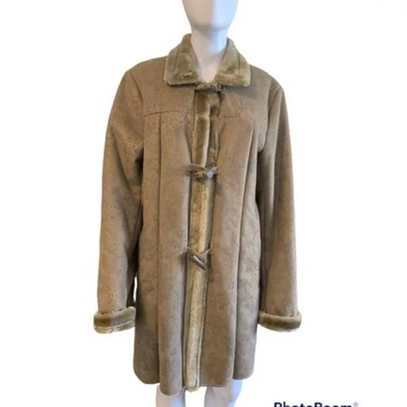 Other Coats Other Dennis Basso Large Coat Tan Patterned Hook Loop Closure NWOT Brown