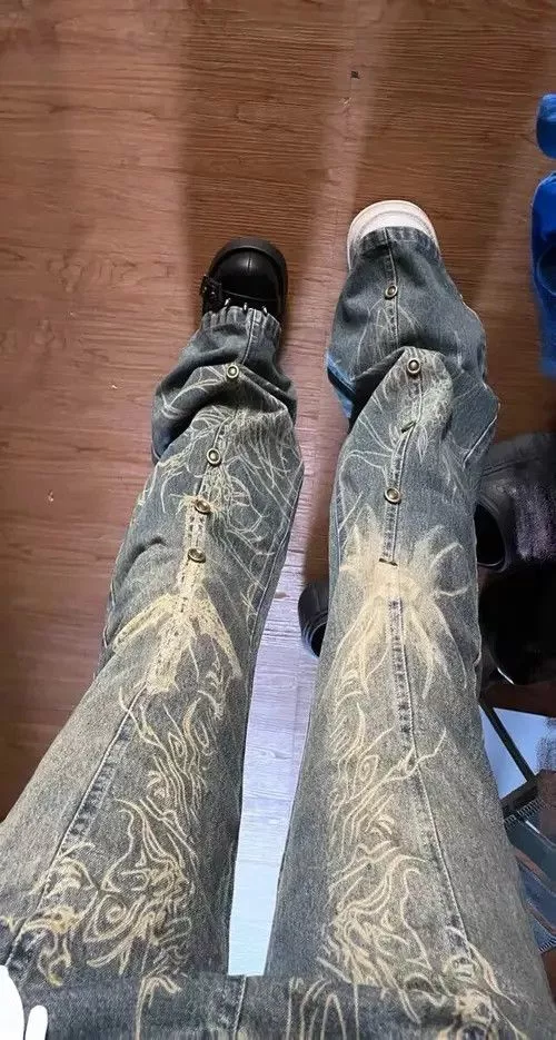 Jean Denim washed flared printed jeans Blue Avant-Garde