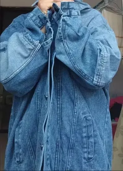 Other Denim Jackets Other Crop Oversized Denim Jacket Female Patchwork Blue Streetwear
