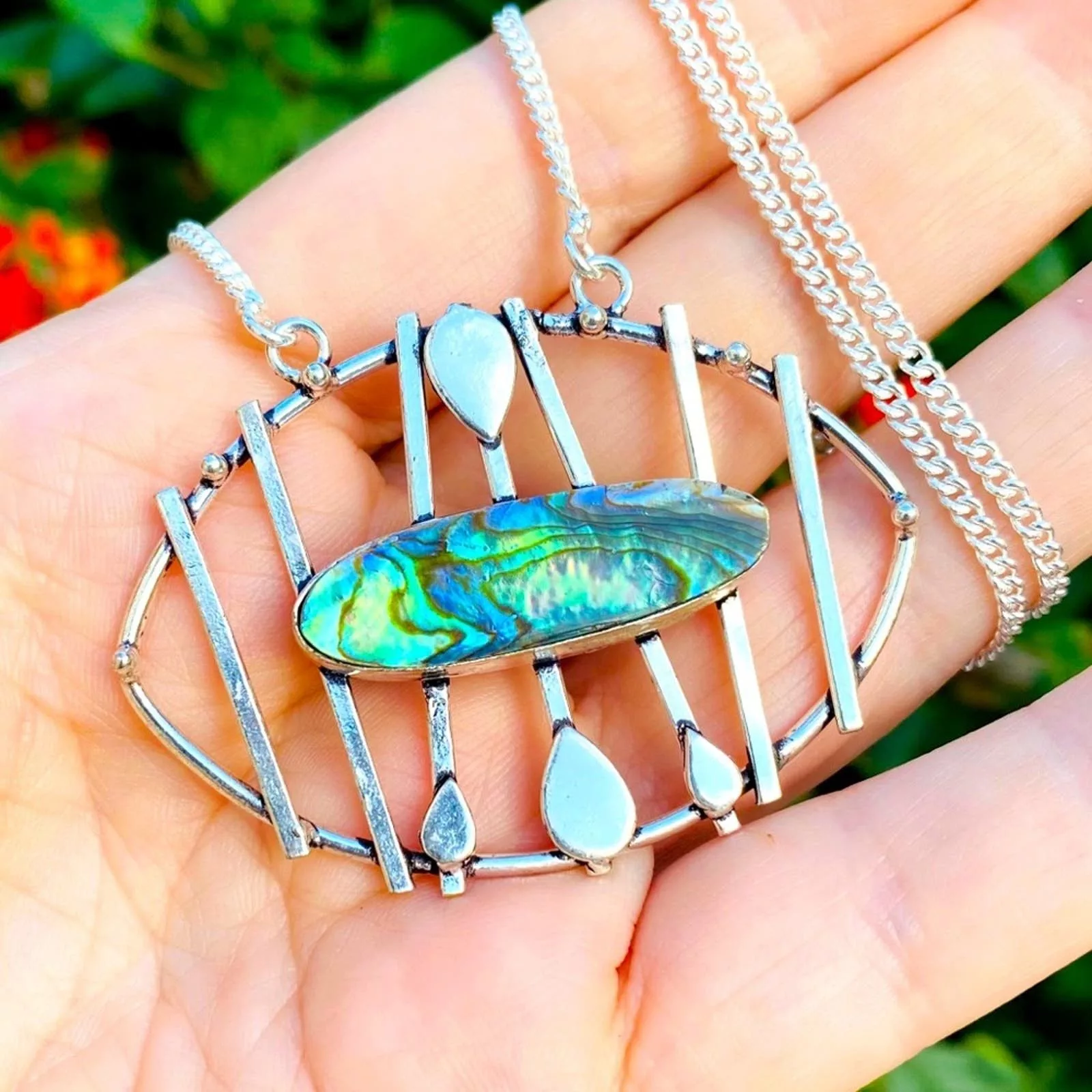 Handmade Necklaces Abalone Shell Sterling Silver Art Deco Handmade Necklace Blue