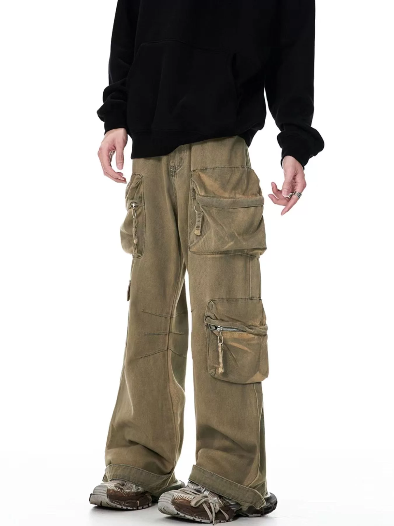 Japanese Brand Denim Japanese Brand × Jean Punk wasteland style dyed distressed multi-pocket jeans Streetwear