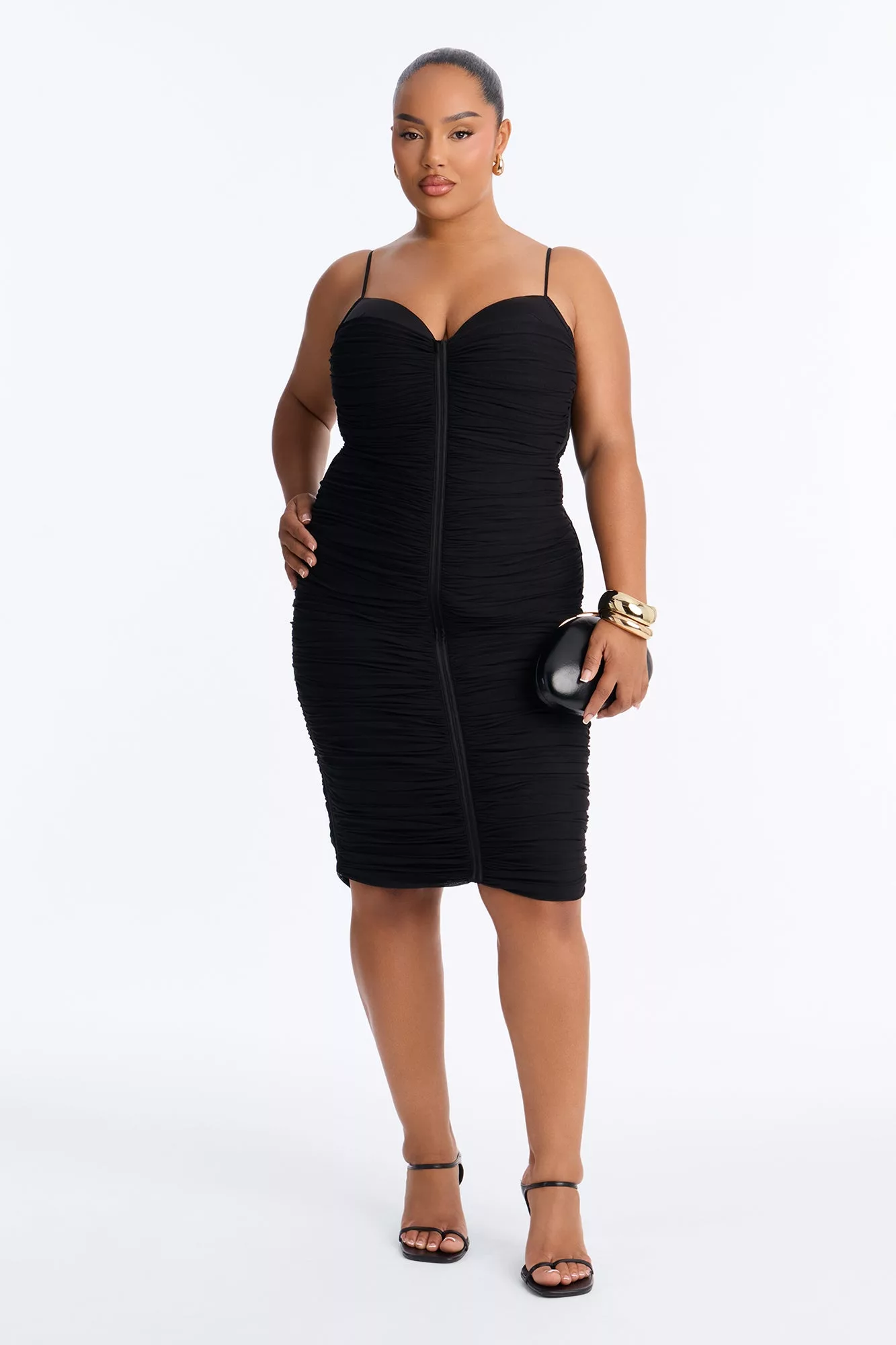 Ayla Ruched Mesh Bandage Midi Dress - Black