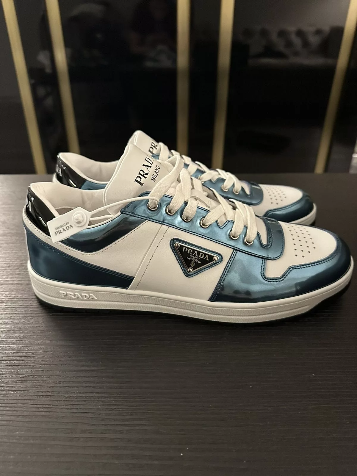 Prada Low Top Sneakers Prada Downtown Leather Sneakers Rare Metallic Blue! Size 9