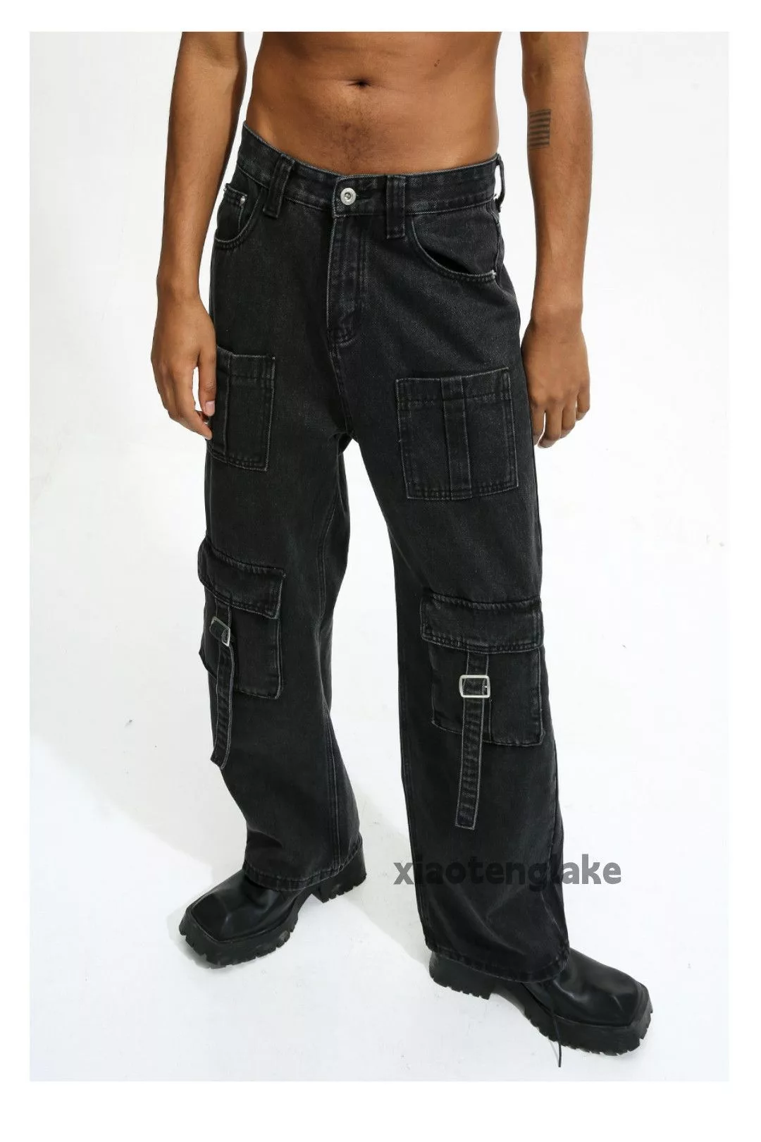 Jean Denim Jean × Vintage washed faded y2k skate hiphop pocket utility cargo jeans Black