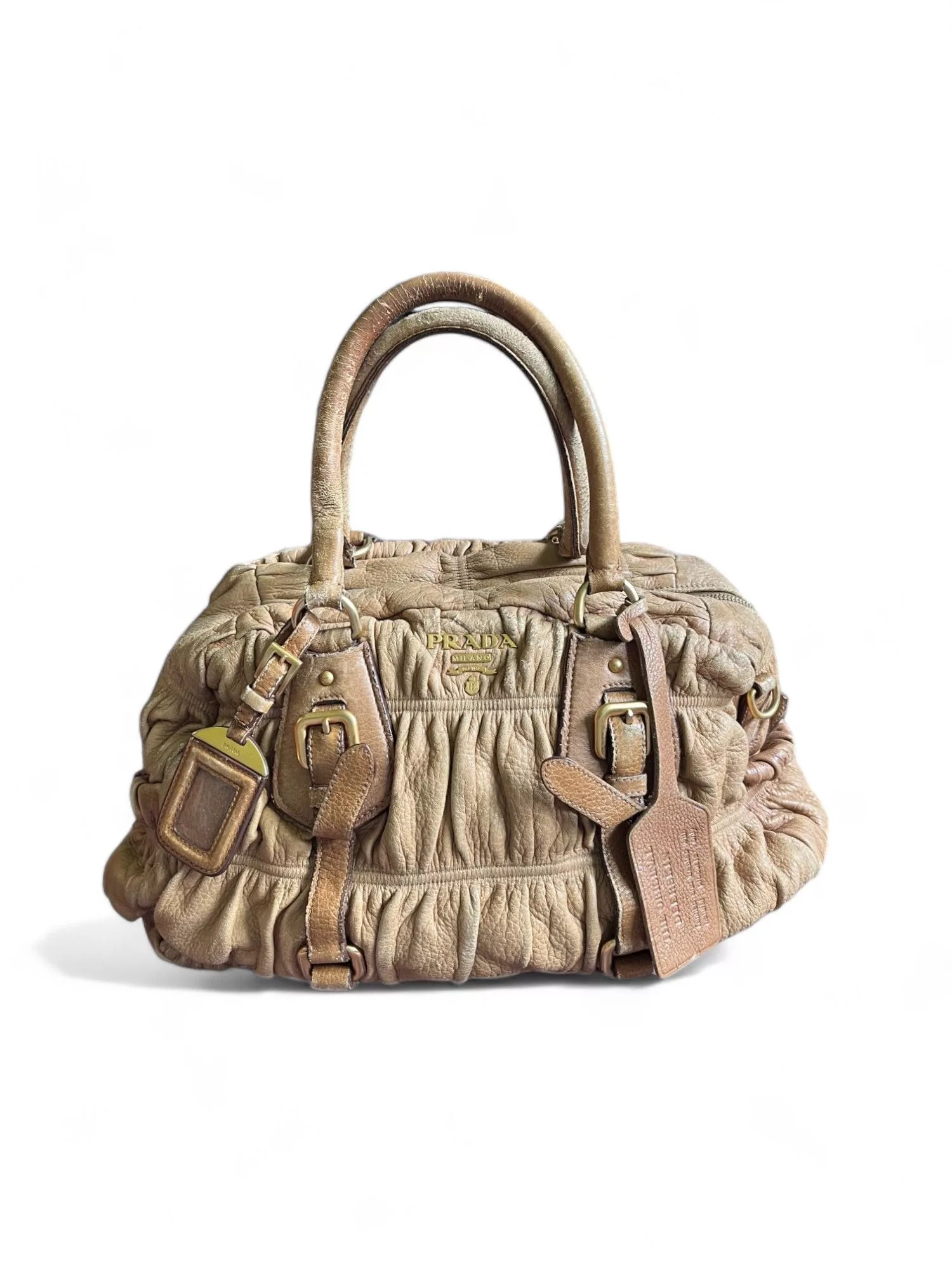 Prada Handle Bags Prada - Deer Leather Handbag Shoulder Bag Beige Brown Gold