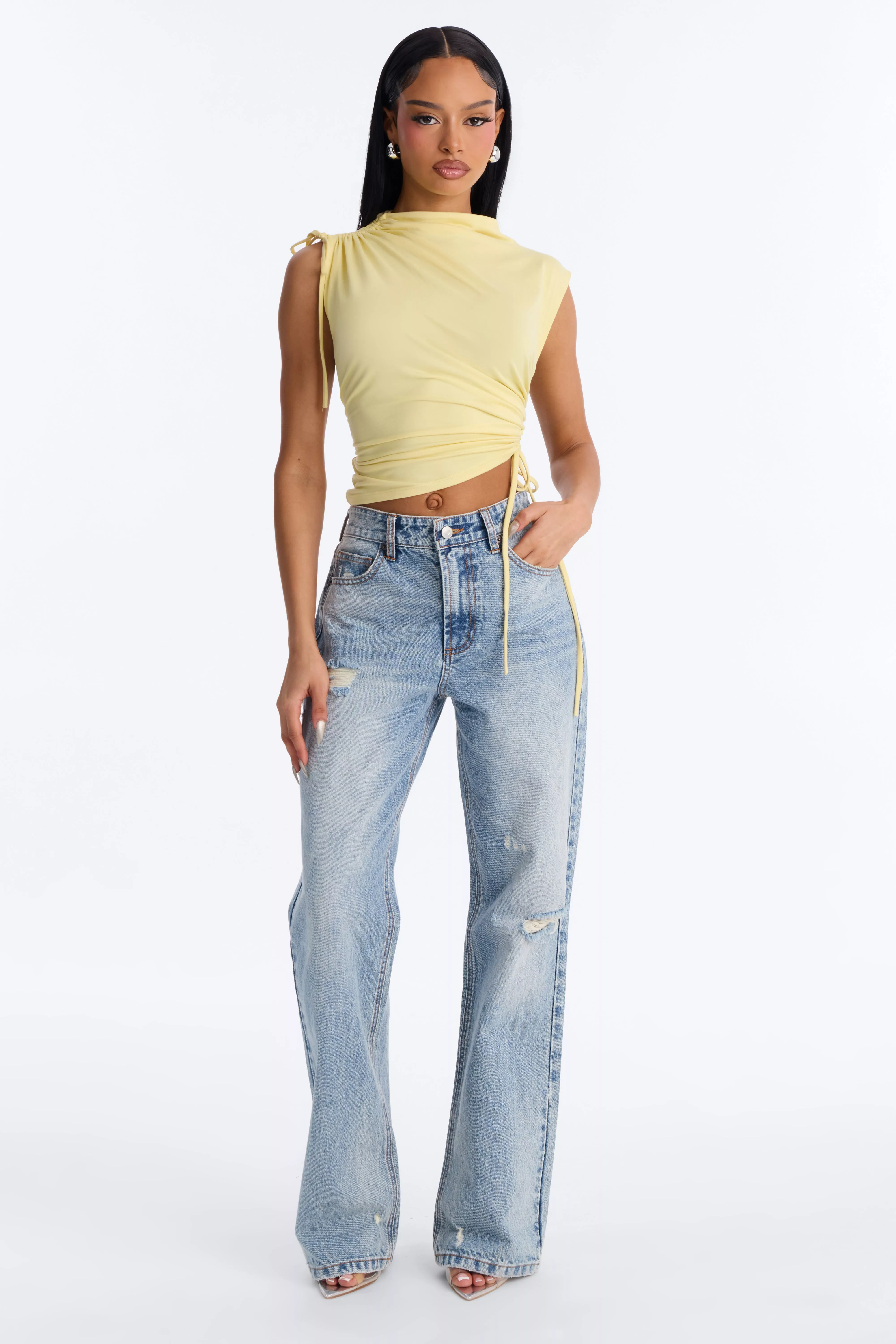 Devon Ruched Drawstring Mock Neck Top - ButterYellow