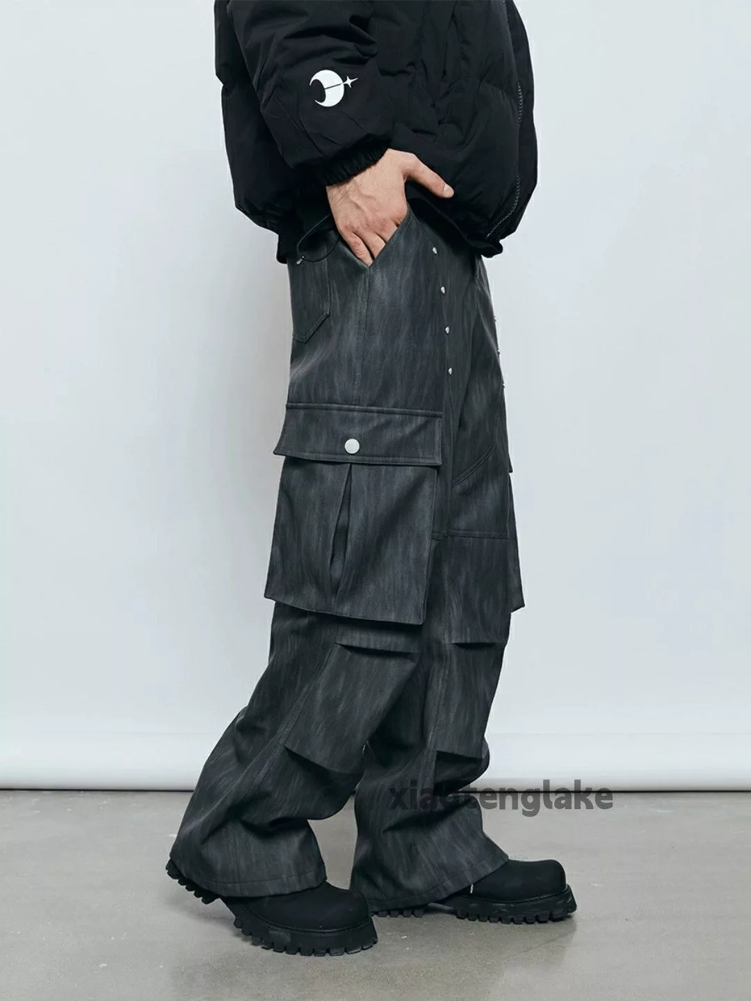 Designer Casual Pants Designer × Japanese Brand × Vintage washed faded utility pleated yuppie flared cargo pants Black