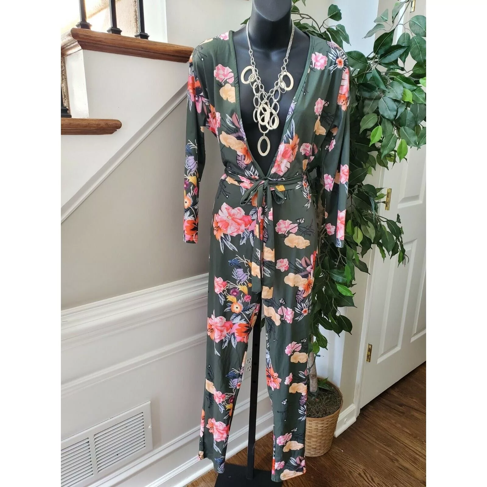 Other Bodysuits Other Women Floral Polyester V-Neck Adjustable Waist Jumpsuits LGE Green