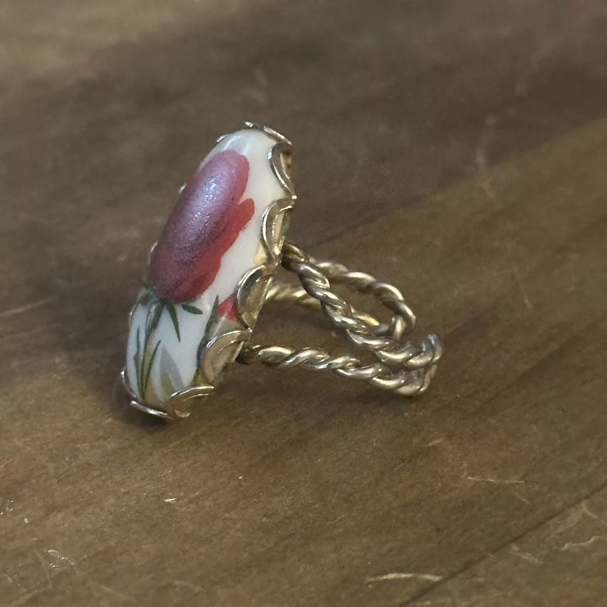 Vintage Rings Vintage porcelain painted rose cuff ring Silver