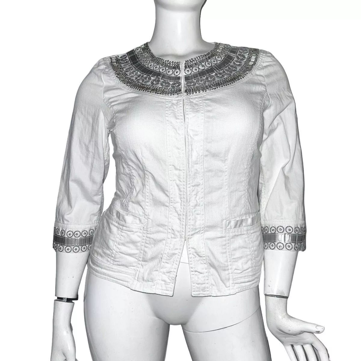 Chicos Denim Jackets Chicos Chico’s white embellished silver medallion denim jacket