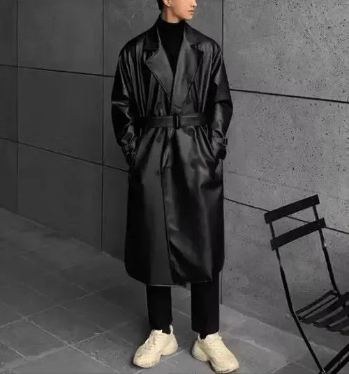 Designer Leather Jackets Designer × Japanese Brand Korean style Long Black Faux Leather trench coat