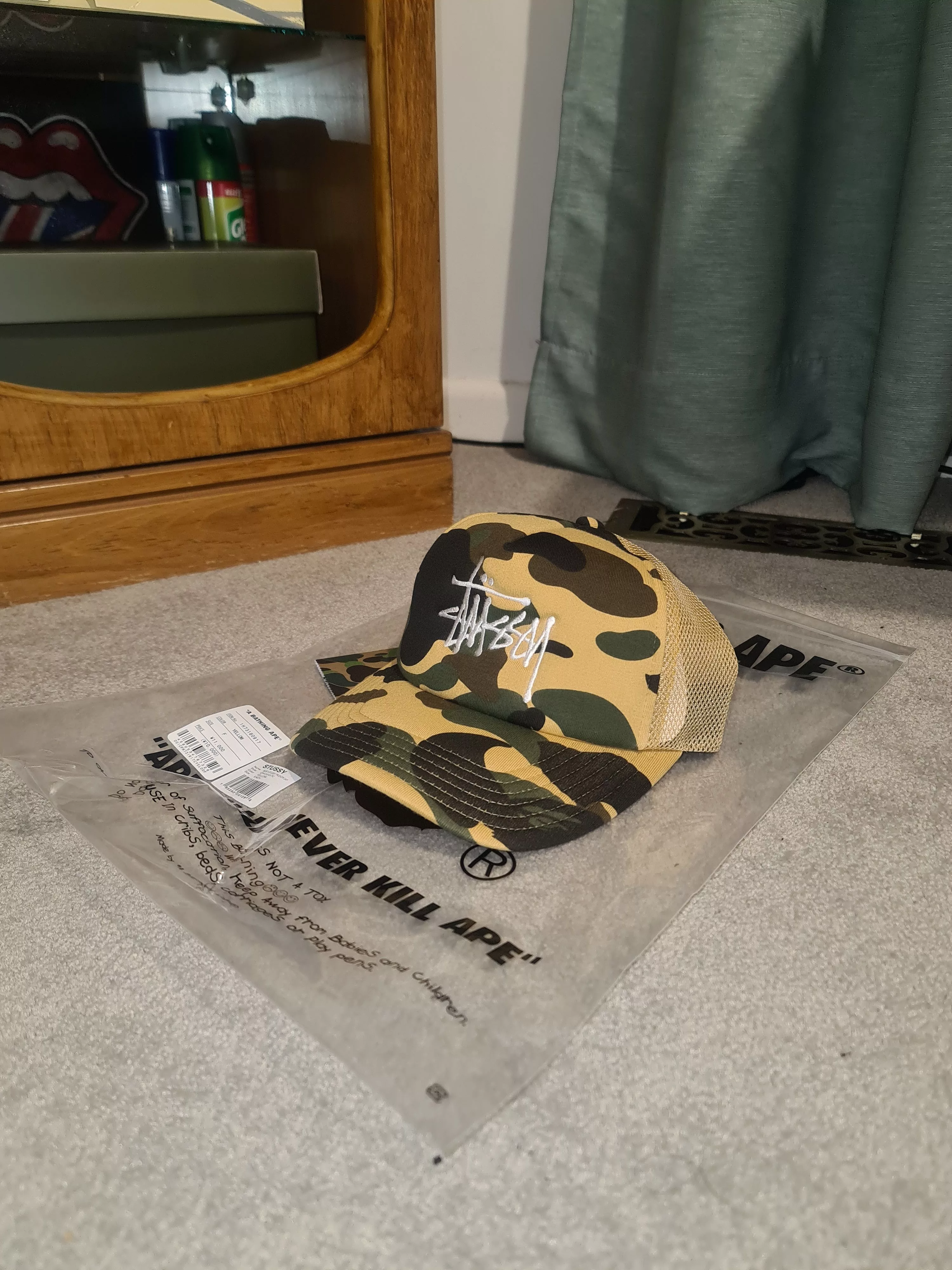 Bape Hats Bape × Stussy Bape x Stussy Camo Trucker Cap Yellow
