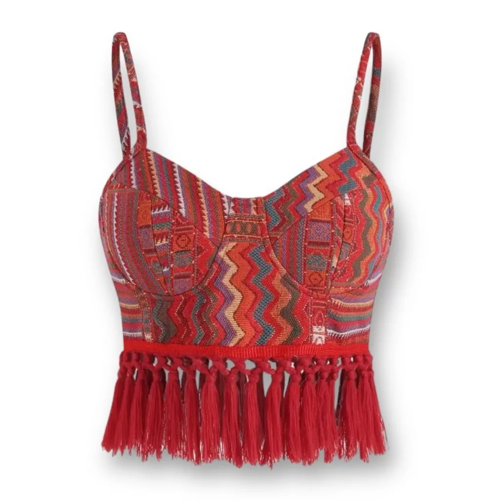 Cider Crop Tops Cider Boho Geometric Corset Fringe Crop Top Size Medium Red