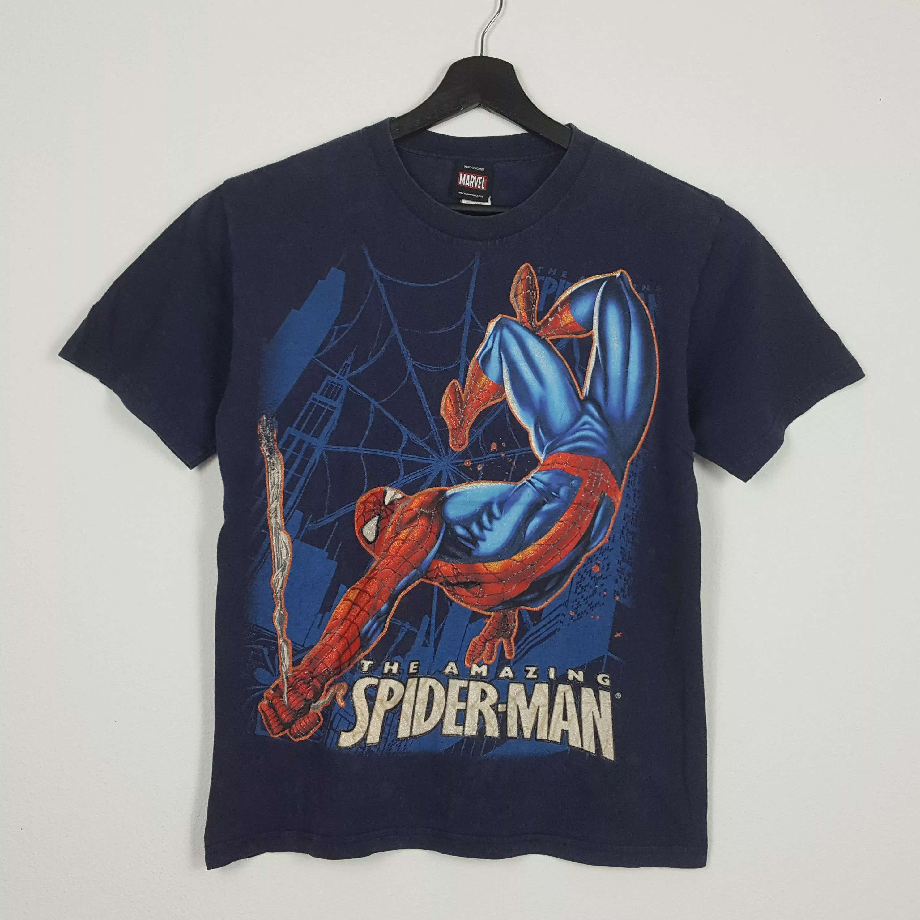 Marvel Comics Short Sleeve T Shirts Marvel Comics × Vintage SPIDER-MAN Marvel comics over print t-shirt Blue