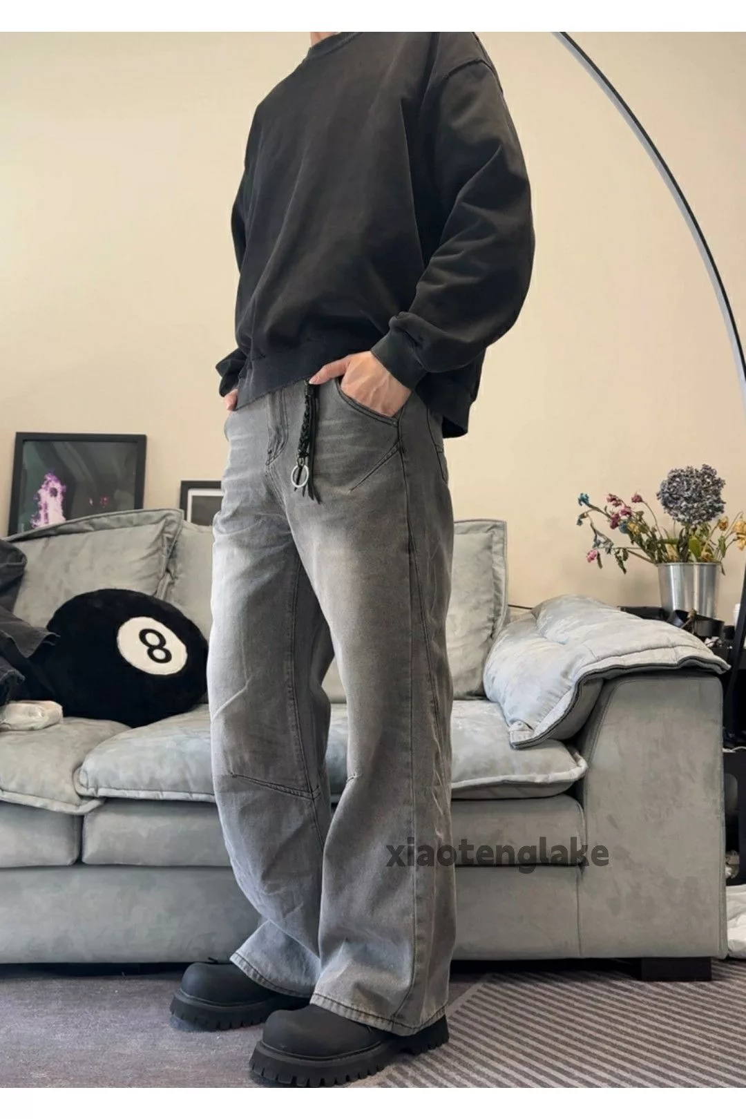 Jean Denim Jean × Vintage washed faded carpenter patchwork flared jeans Gray