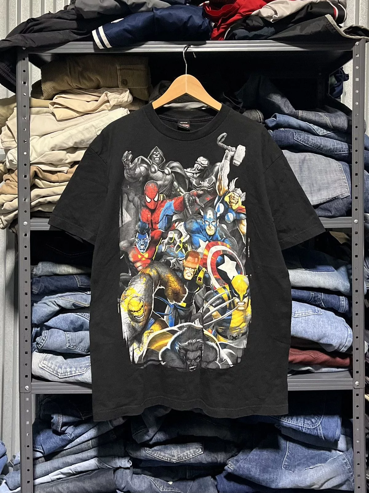 Marvel Comics Short Sleeve T Shirts Marvel Comics × Vintage Crazy Y2K Marvel Mad Engine All Over Print Graphic Tee Black Streetwear
