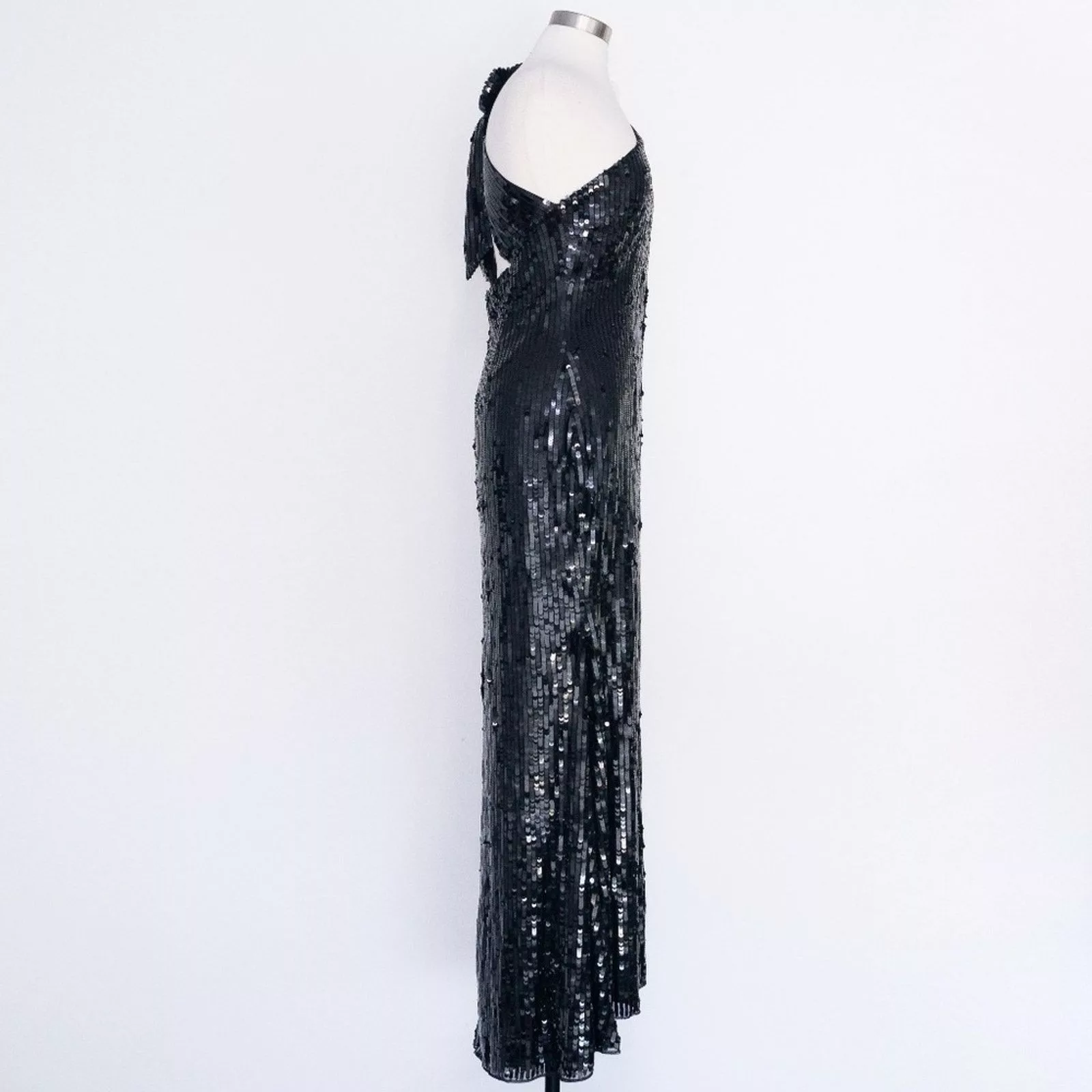 Designer Midi Dresses Designer Mac Duggal. Sequined One Shoulder Back Bow Detail Gown. Black