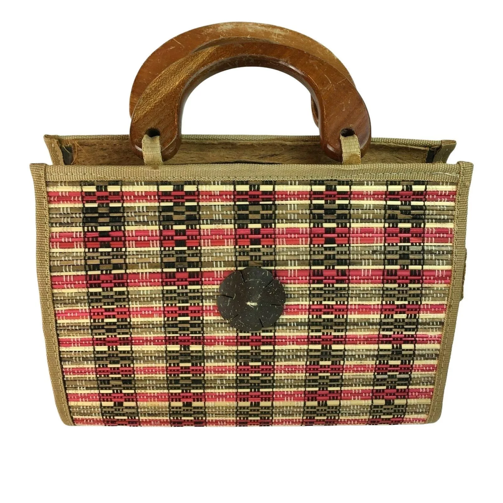 Other Handle Bags Other Mid Century Modern Handmade Purse Woven Straw Wood u Lined W Brown