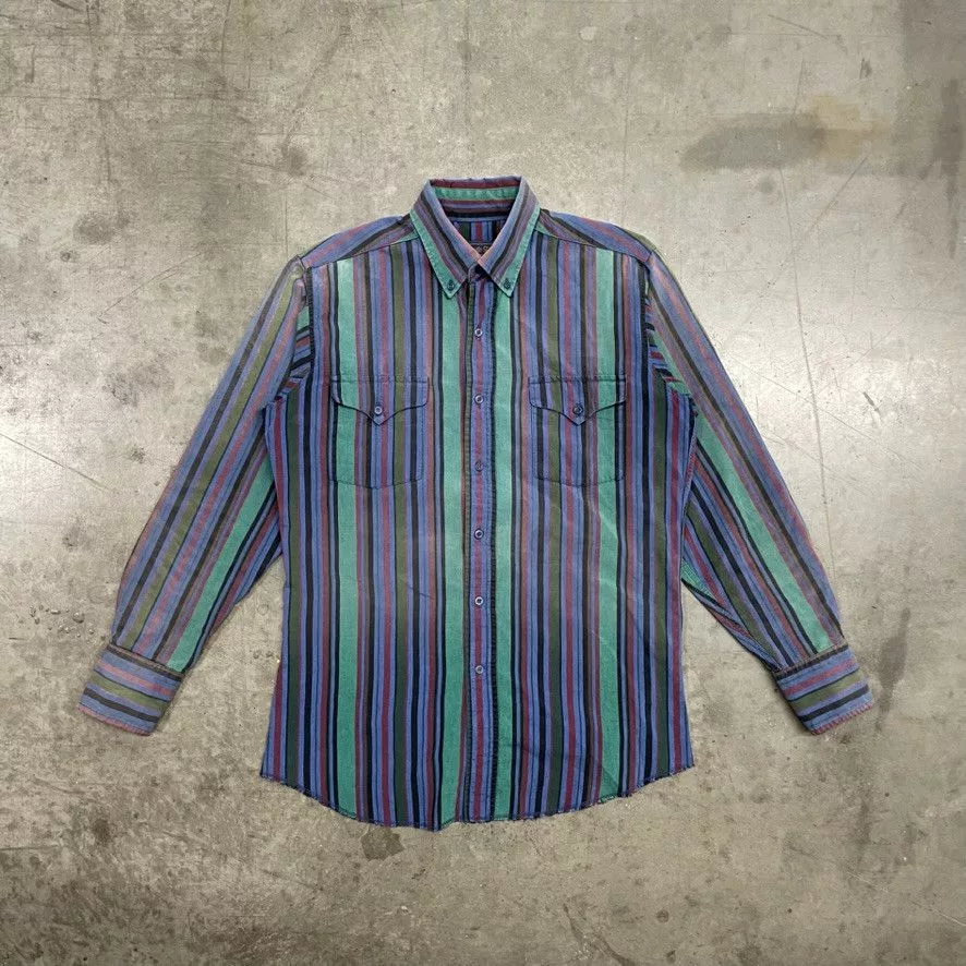 Panhandle Slim Shirts Button Ups Panhandle Slim × Vintage × Wrangler Vintage Striped Multicolored Western Button Up Shirt 90s Blue