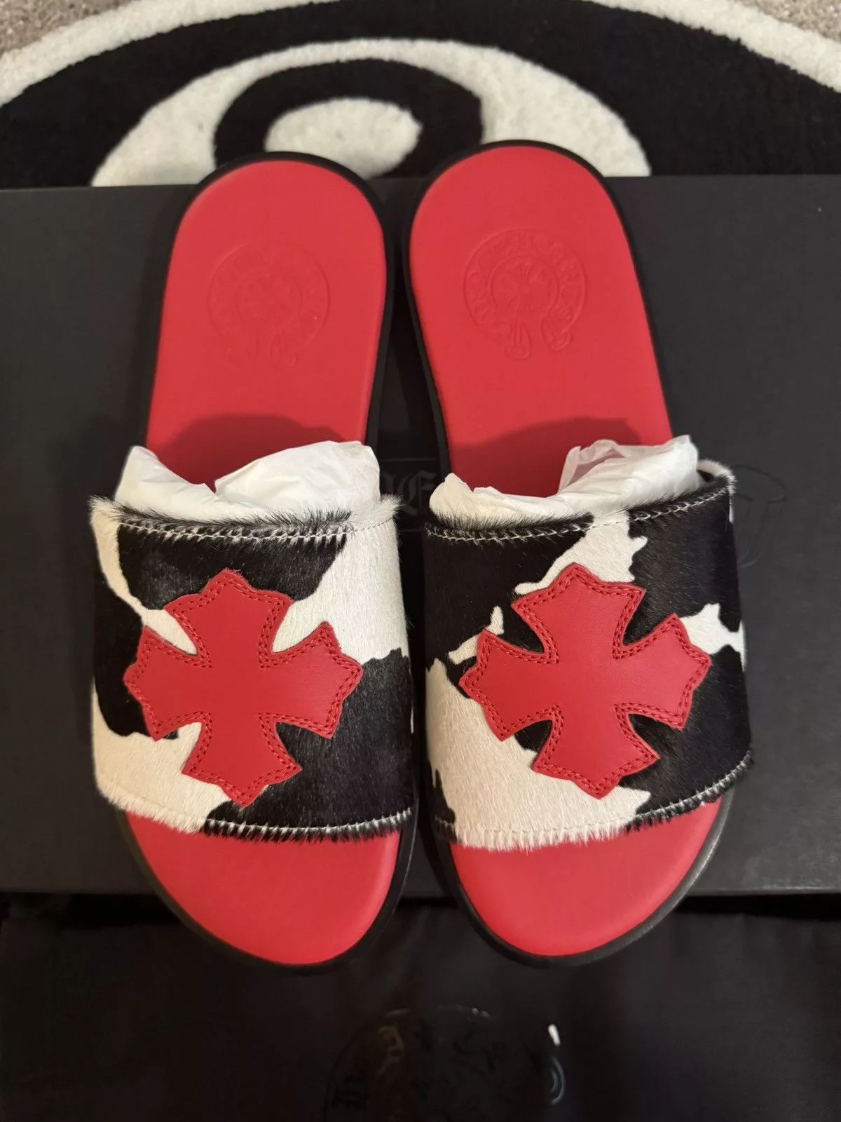 Chrome Hearts Slip Ons chrome hearts red cow patch slide
