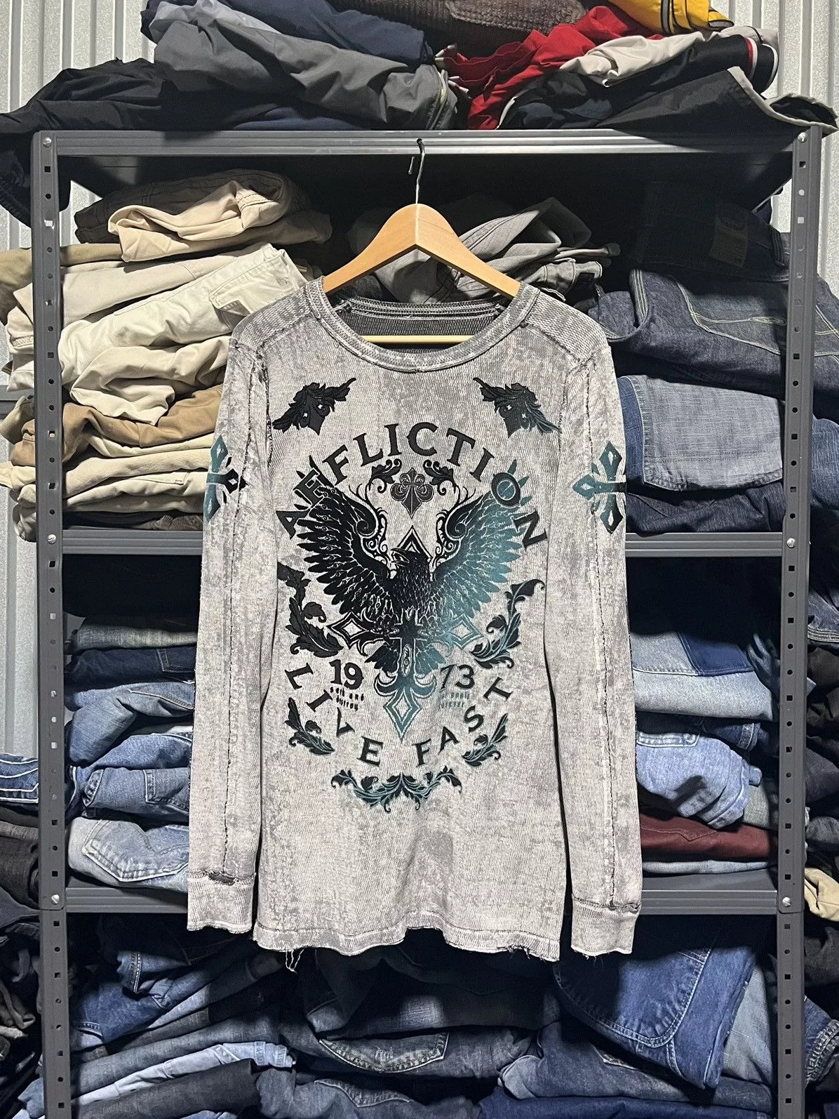 Affliction Long Sleeve T Shirts Affliction × Tapout × Vintage Crazy Y2K Affliction Thermal Longsleeve Grunge Goth Skater Black