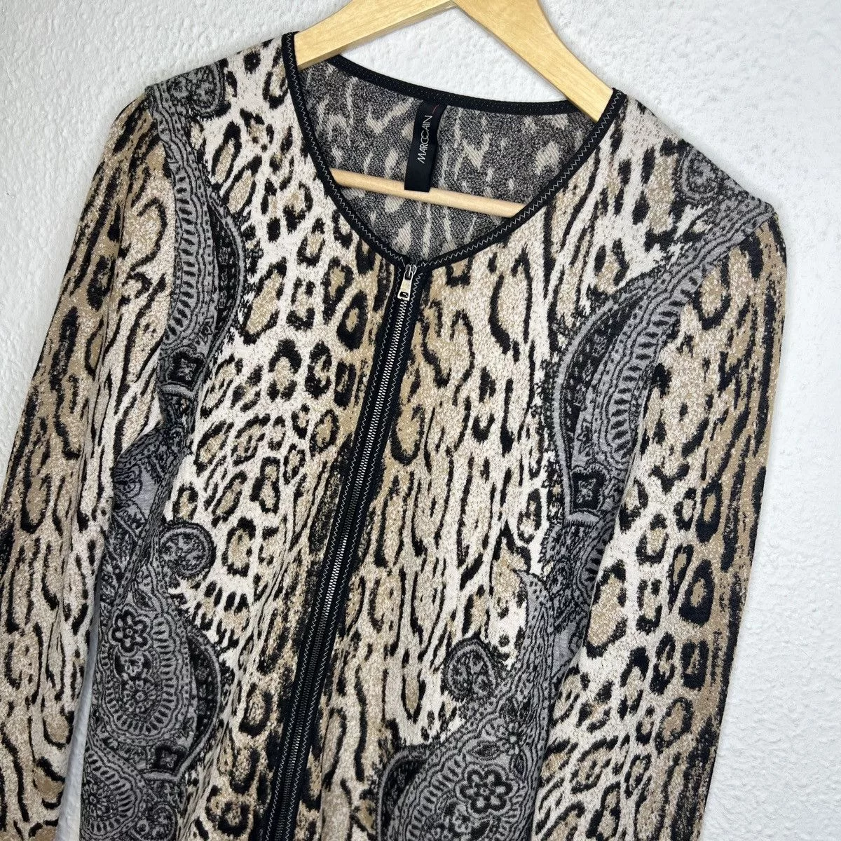 Designer Sweaters Designer Marc Cain Zip Cardigan Wool Sweater Jacket Jumper Leopard Brown Luxury