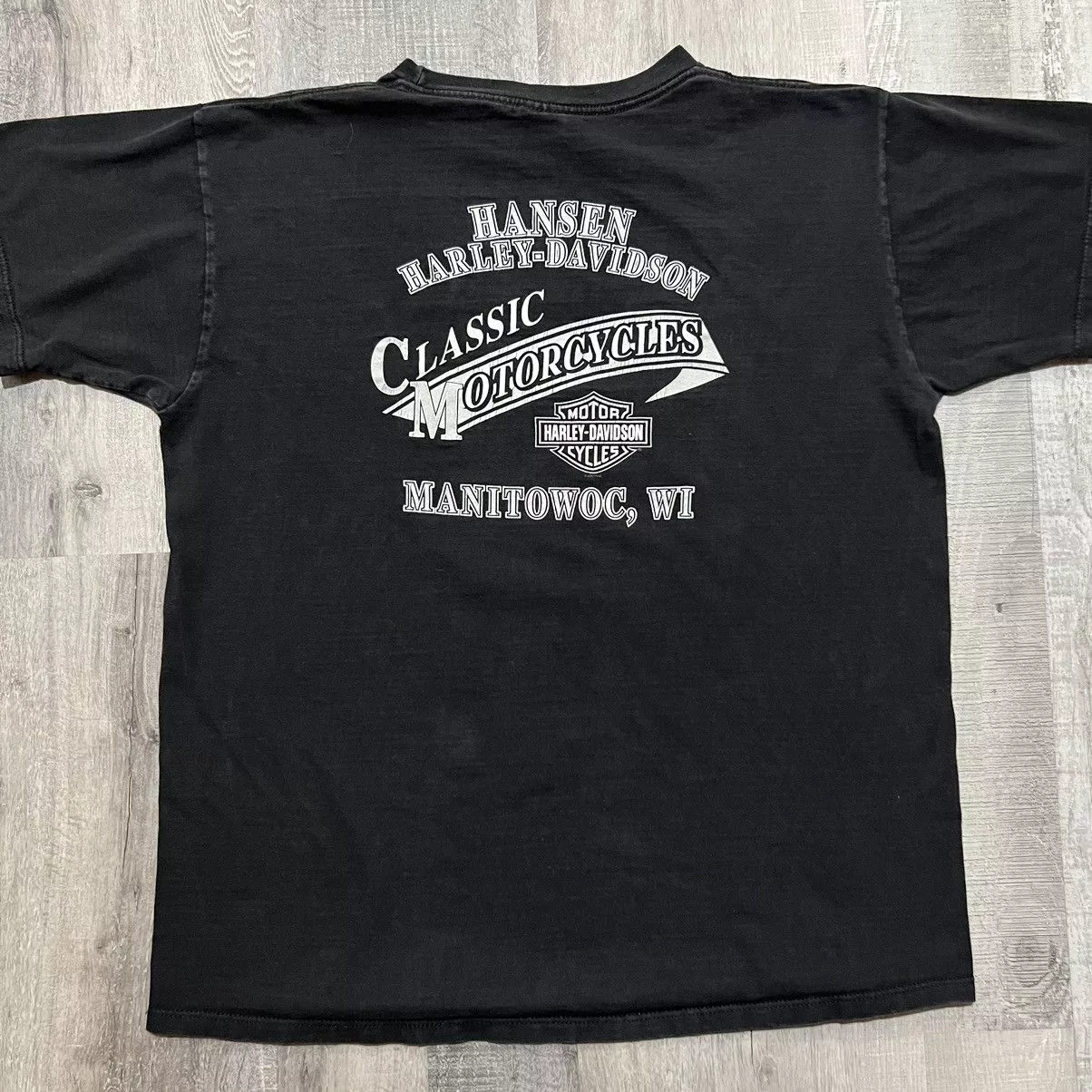 Harley Davidson Short Sleeve T Shirts Harley Davidson × Vintage VTG Harley Davidson Black 2000 Manitowoc Y2K Biker T Shirt
