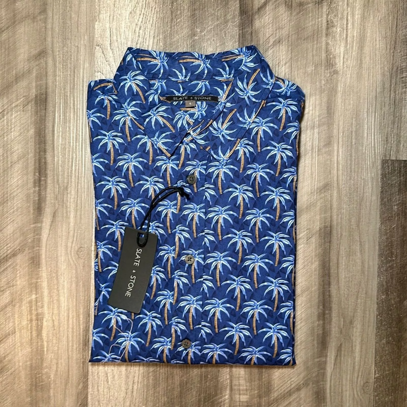 Slate & Stone Shirts Button Ups Slate & Stone Navy Mini Palm Tree Poplin Short Sleeve- Large Blue