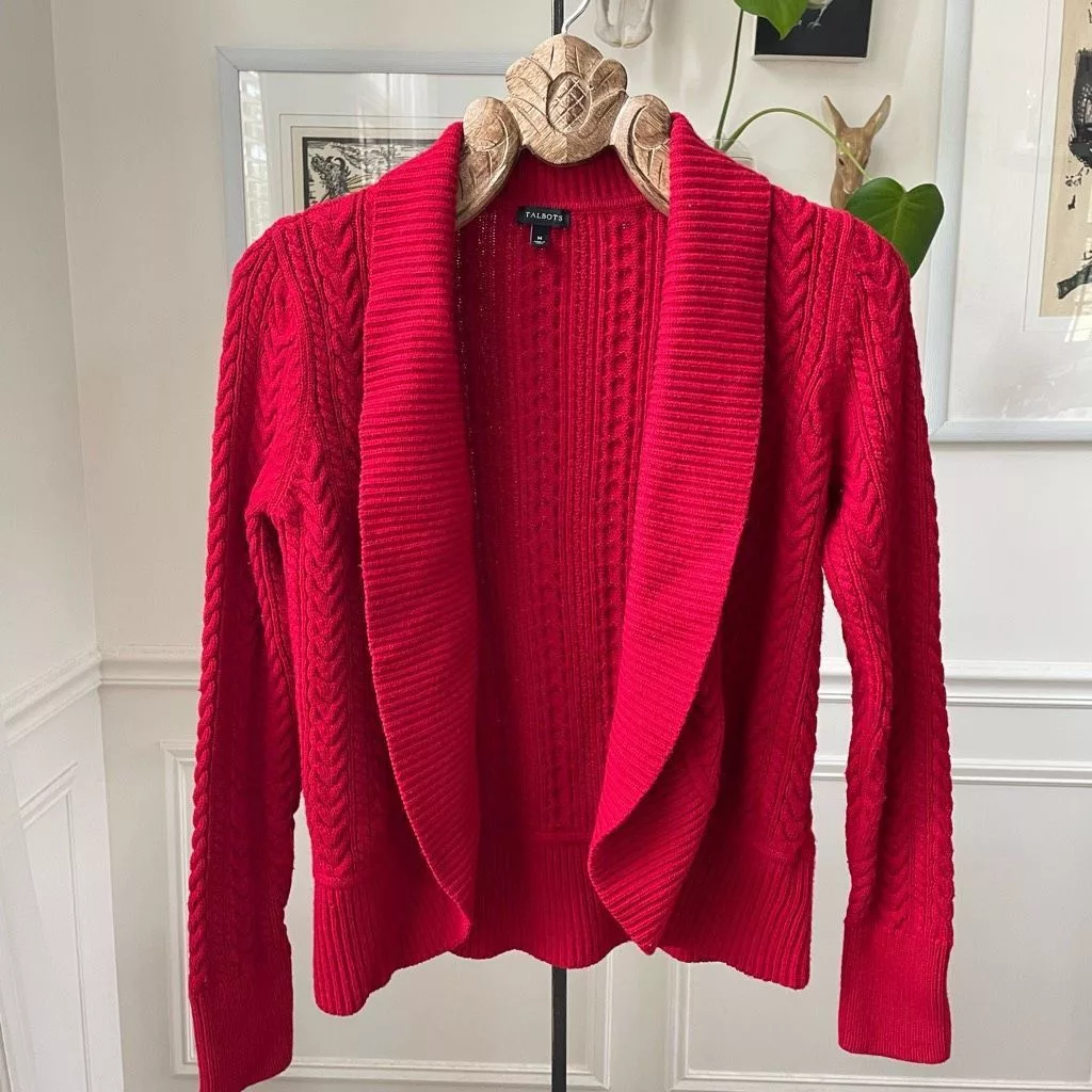 Other Sweaters Other Talbots Garnet Red Cable Knit Open Front Cardigan Sweater M