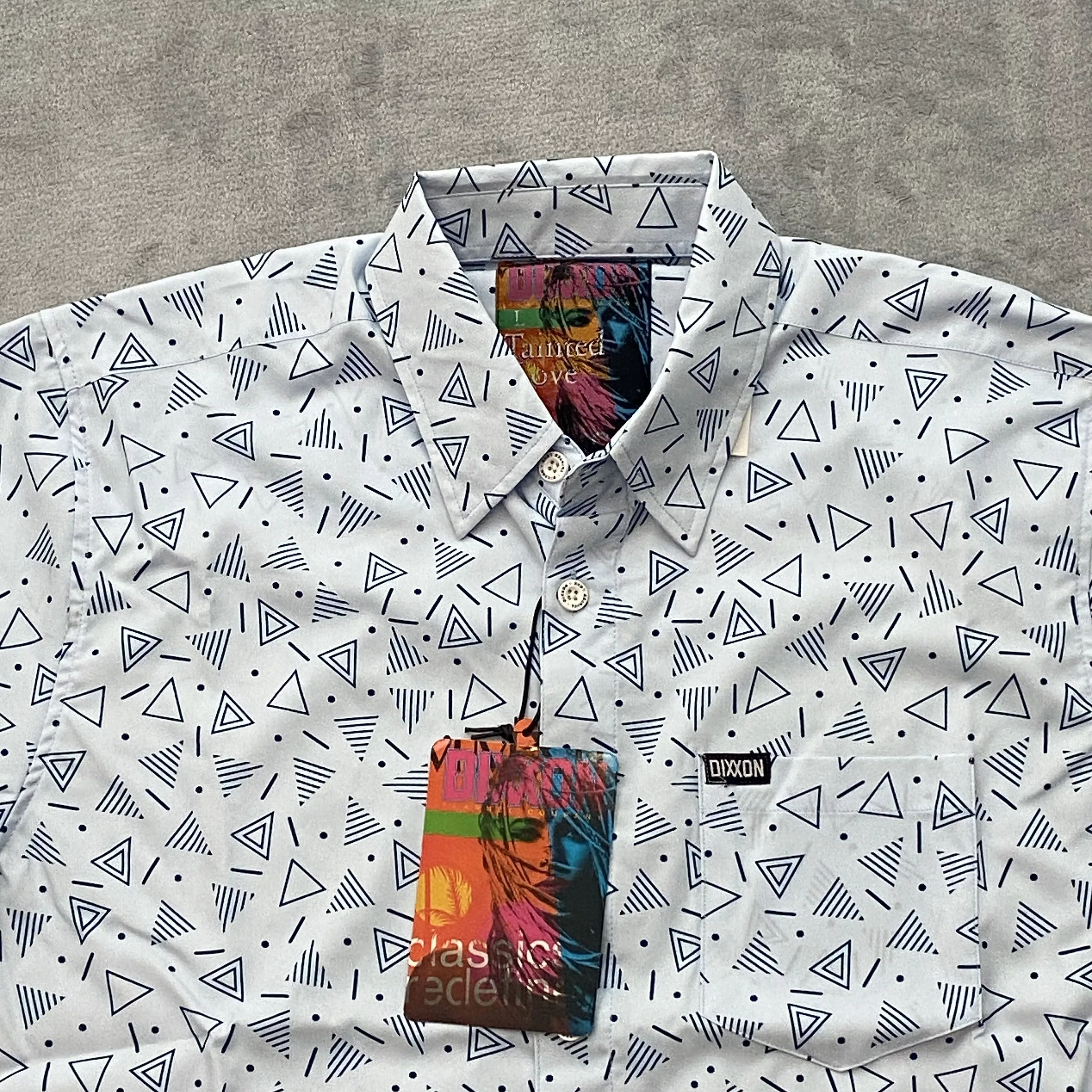 Dixxon Shirts Button Ups Dixxon Men Large TAINTED LOVE Geometric Short Sleeve Logo 90s Party Blue