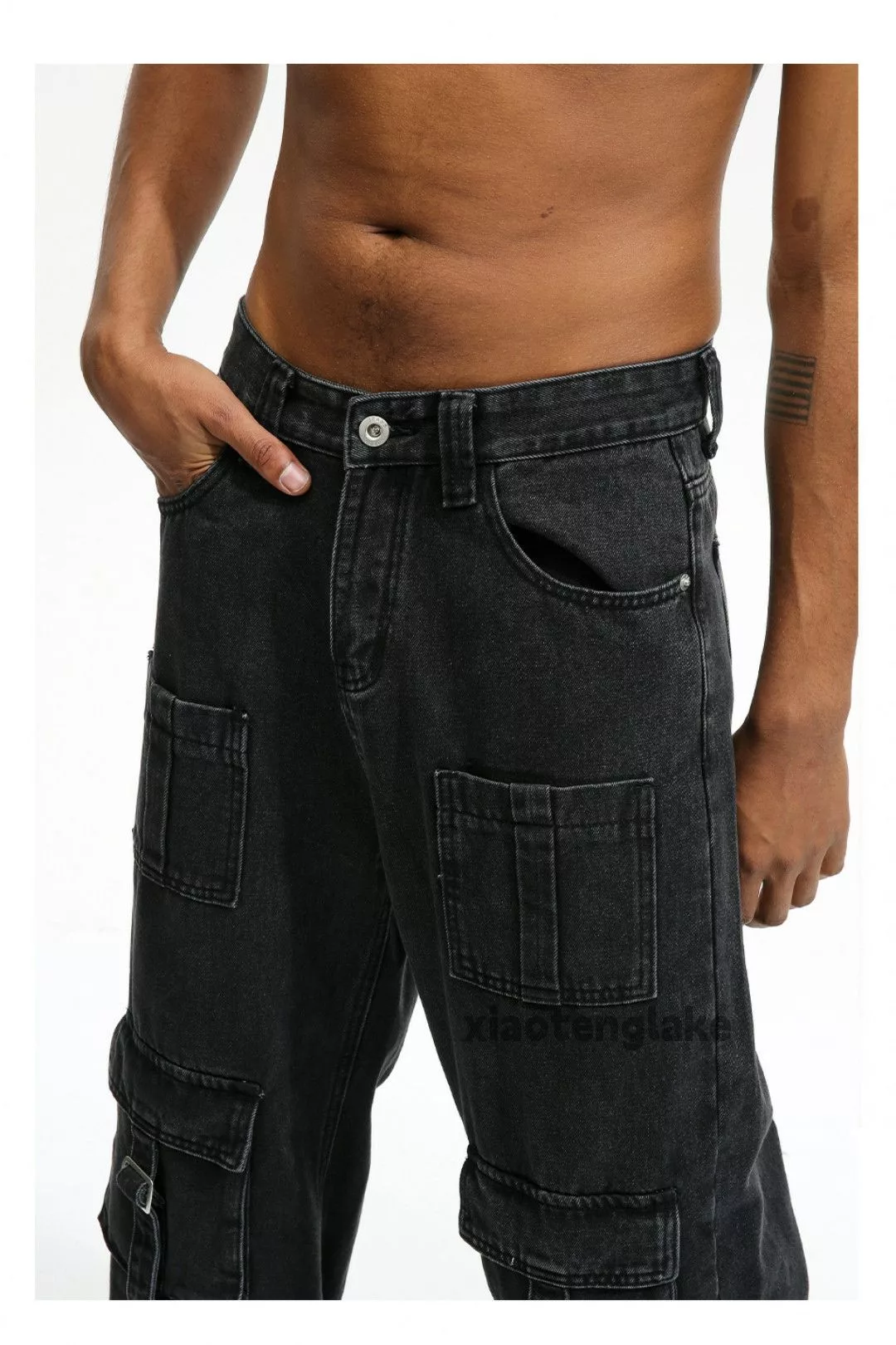 Jean Denim Jean × Vintage washed faded y2k skate hiphop pocket utility cargo jeans Black