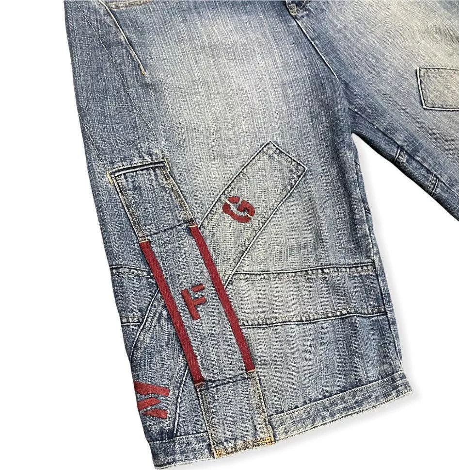 Marithe + Francois Girbaud Shorts Marithe + Francois Girbaud MFG Denim Shirt Embroidery Square Iconic Logo Pocket Blue