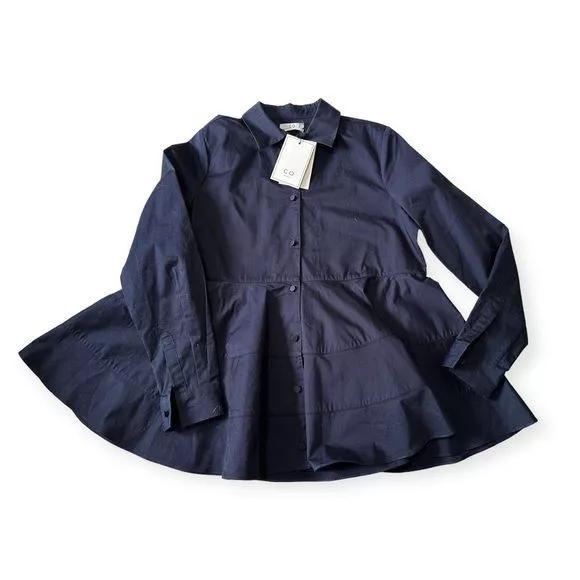 CO Button Ups NWT CO Navy Blue Tiered Button Down Cotton Shirt, Size M
