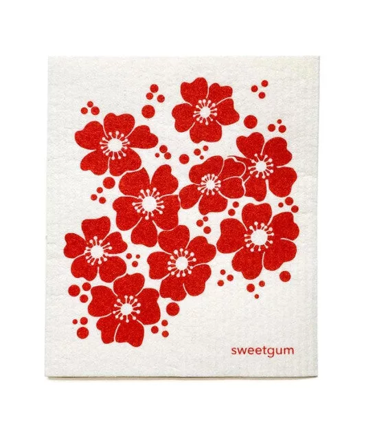 Red Flowers Swedish Dishcloth
