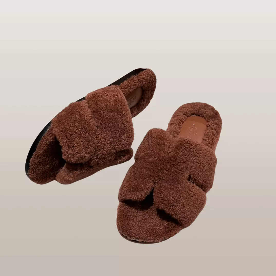 Hermes Sandals Hermes Izmir Cognac Brown Shearling Mule Sandals Multi