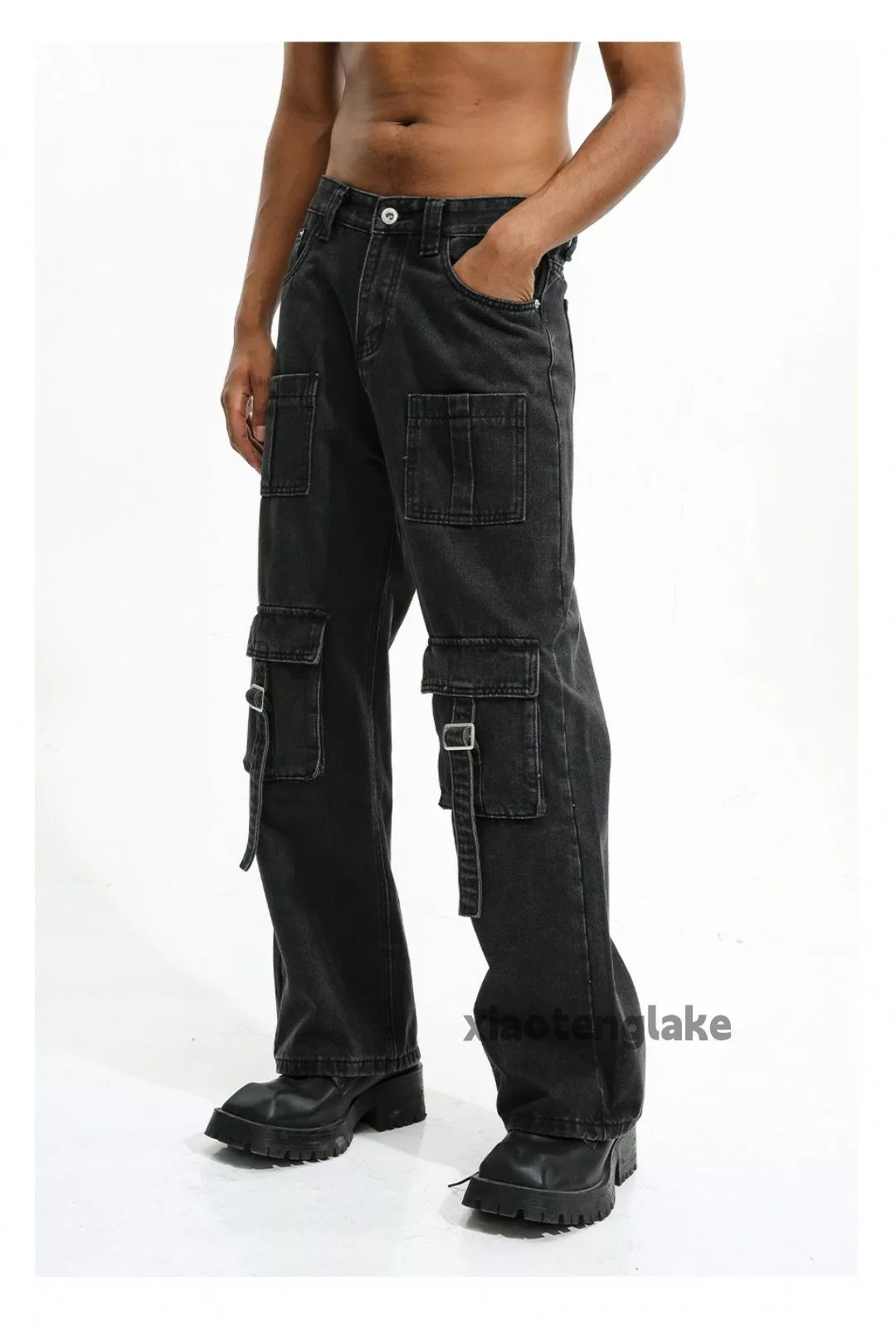 Jean Denim Jean × Vintage washed faded y2k skate hiphop pocket utility cargo jeans Black
