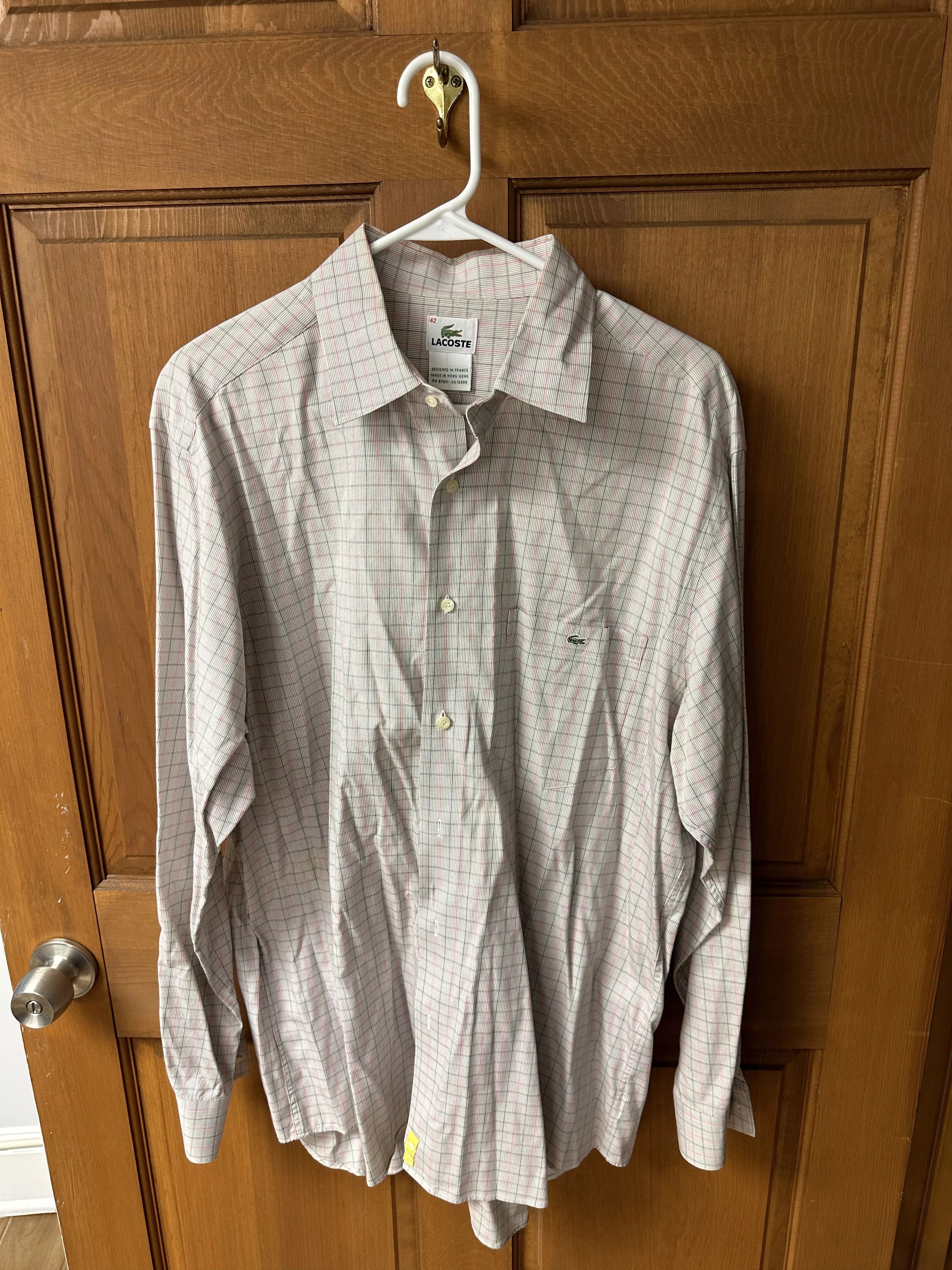 Lacoste Shirts Button Ups Lacoste Men's Light Gray and Pink Checkered Shirt Size 42 Multi