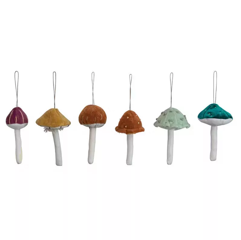 6" Velvet Mushroom Ornament, asstd