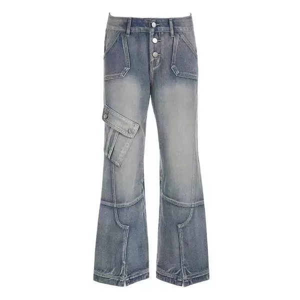 Jean Jeans Retro washed distressed irregular pocket cargo jeans Blue Avant-Garde