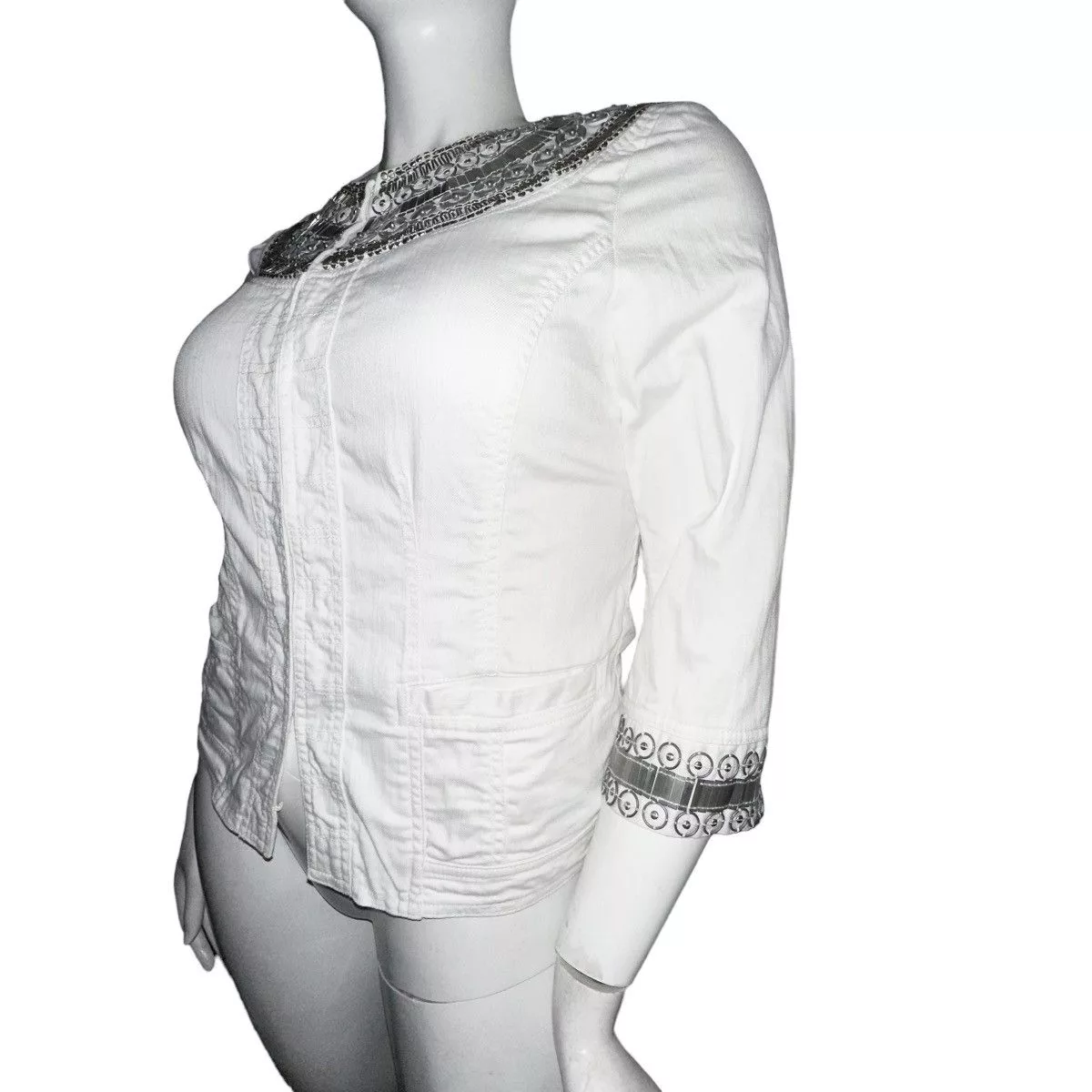Chicos Denim Jackets Chicos Chico’s white embellished silver medallion denim jacket