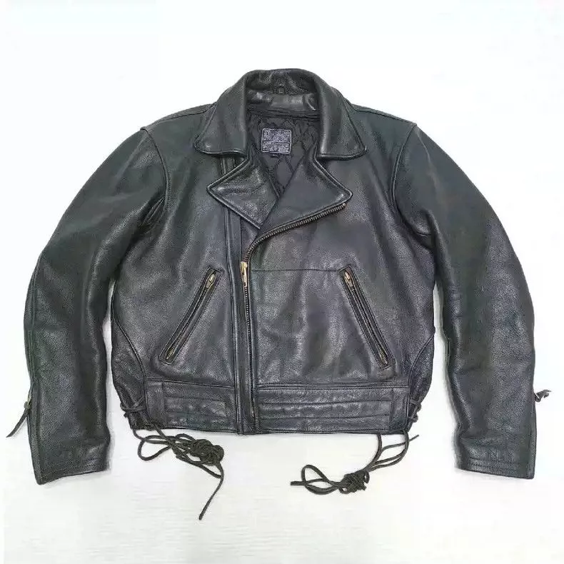 Kadoya Leather Jackets KADOYAJapanese origin heavy cedar cowhide classic lapel diagonal motorcycle leather jacket Black