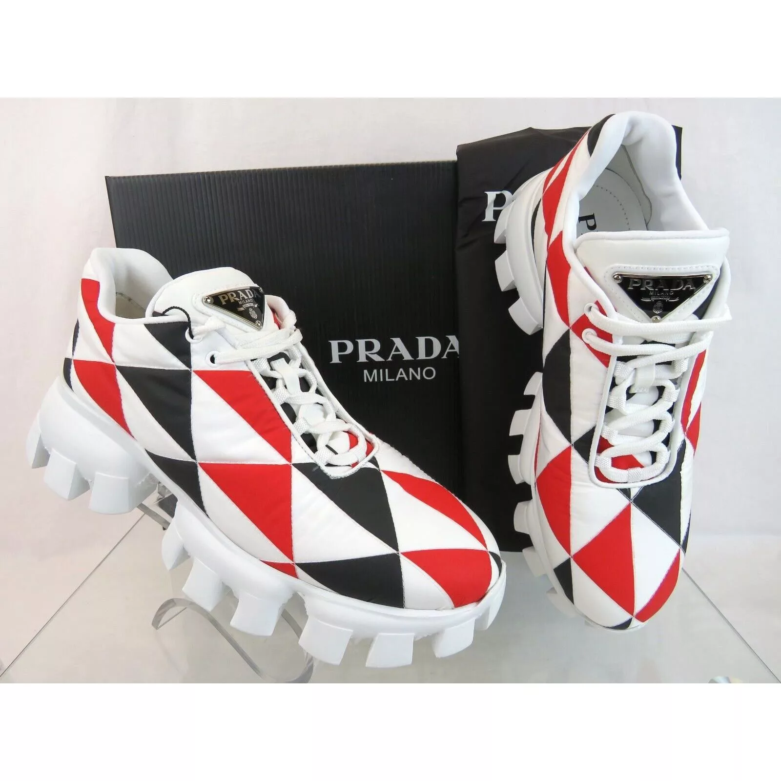 Prada Low Top Sneakers Prada 1E863M WHITE BLACK RED NYLON LOGO THUNDER LOW SNEAKERS 38.5