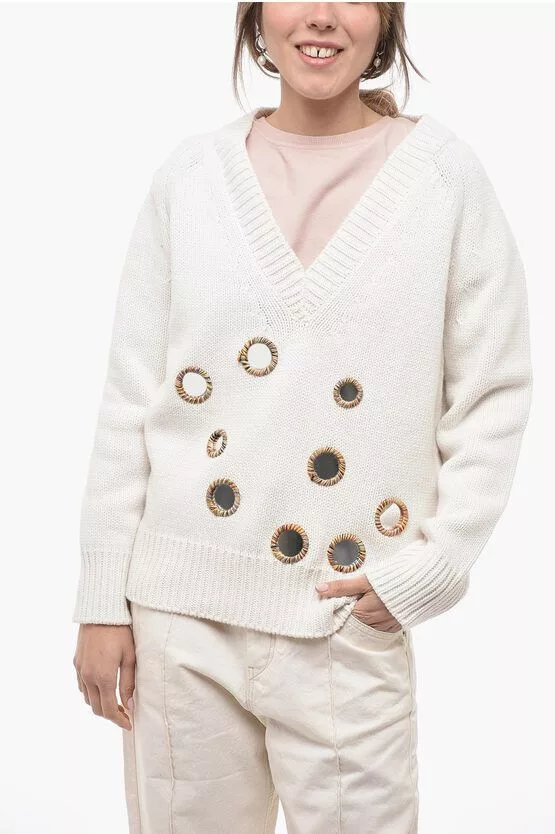 JW Anderson Sweaters JW Anderson og1mm0624 V Neck Solid Sweater in White