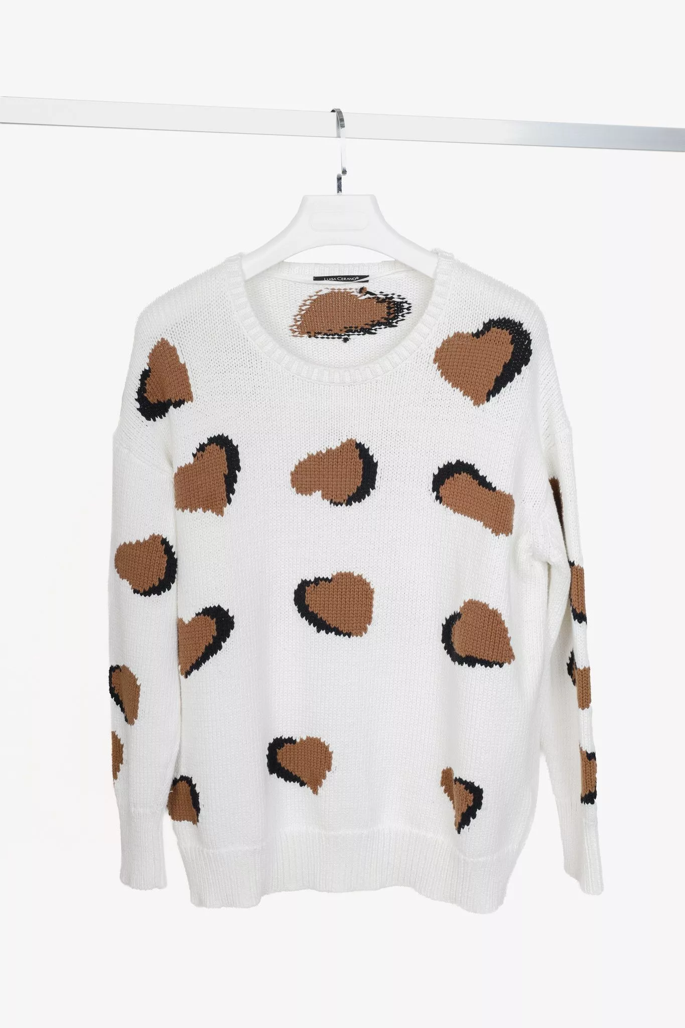 Luisa Cerano Sweaters Luisa Cerano Cream Brown Animal Heart Print Pullover Multi