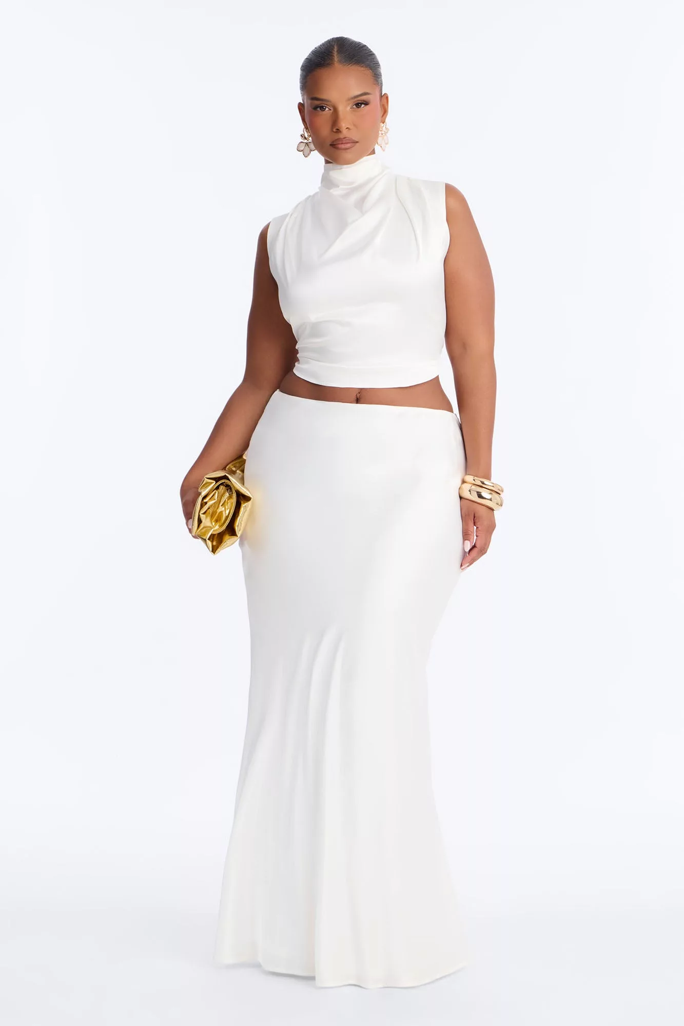 Serafina Satin Maxi Skirt Set - White