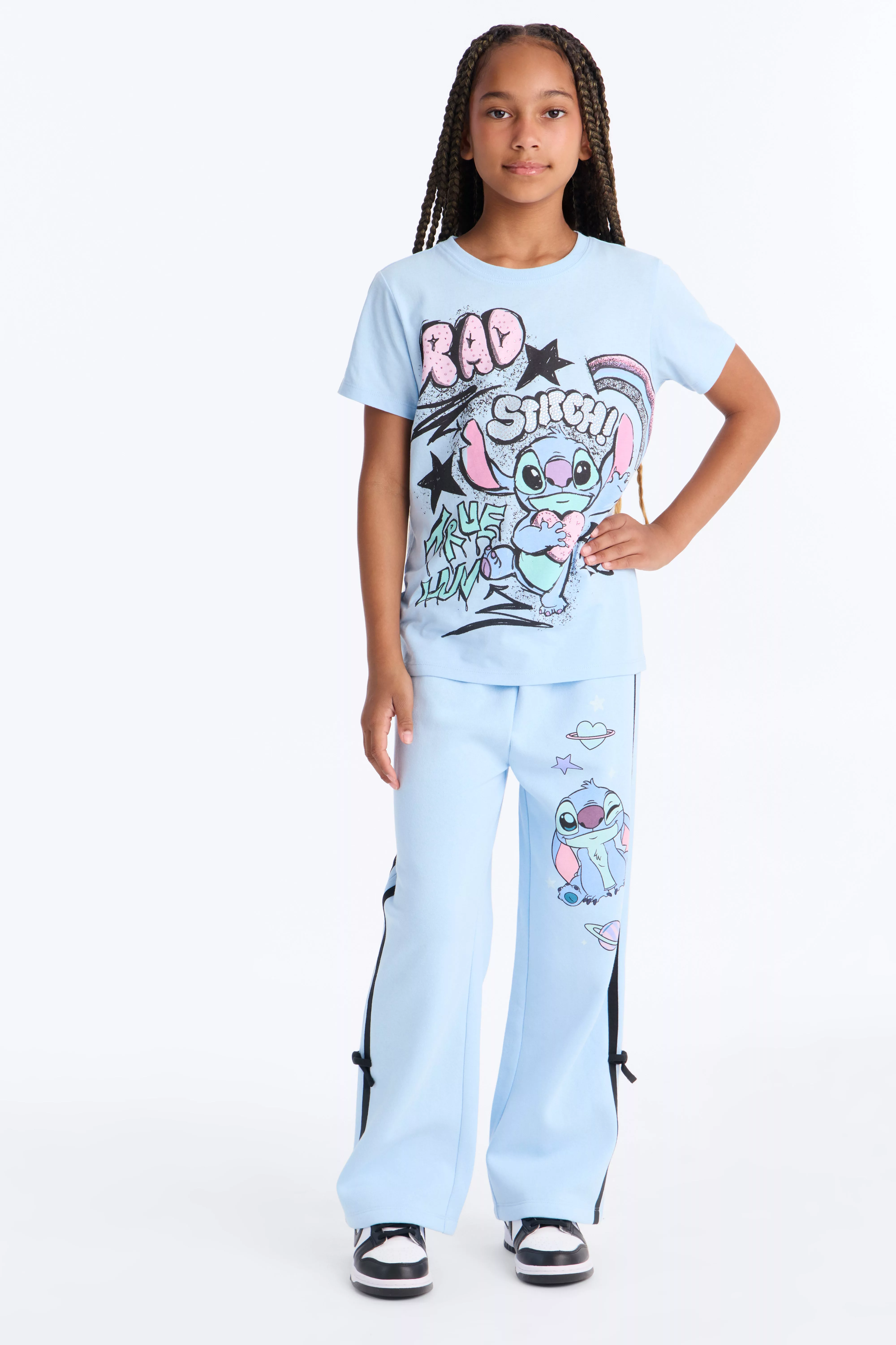 Mini Stitch Graffiti Wide Leg Pant Set - Light Blue