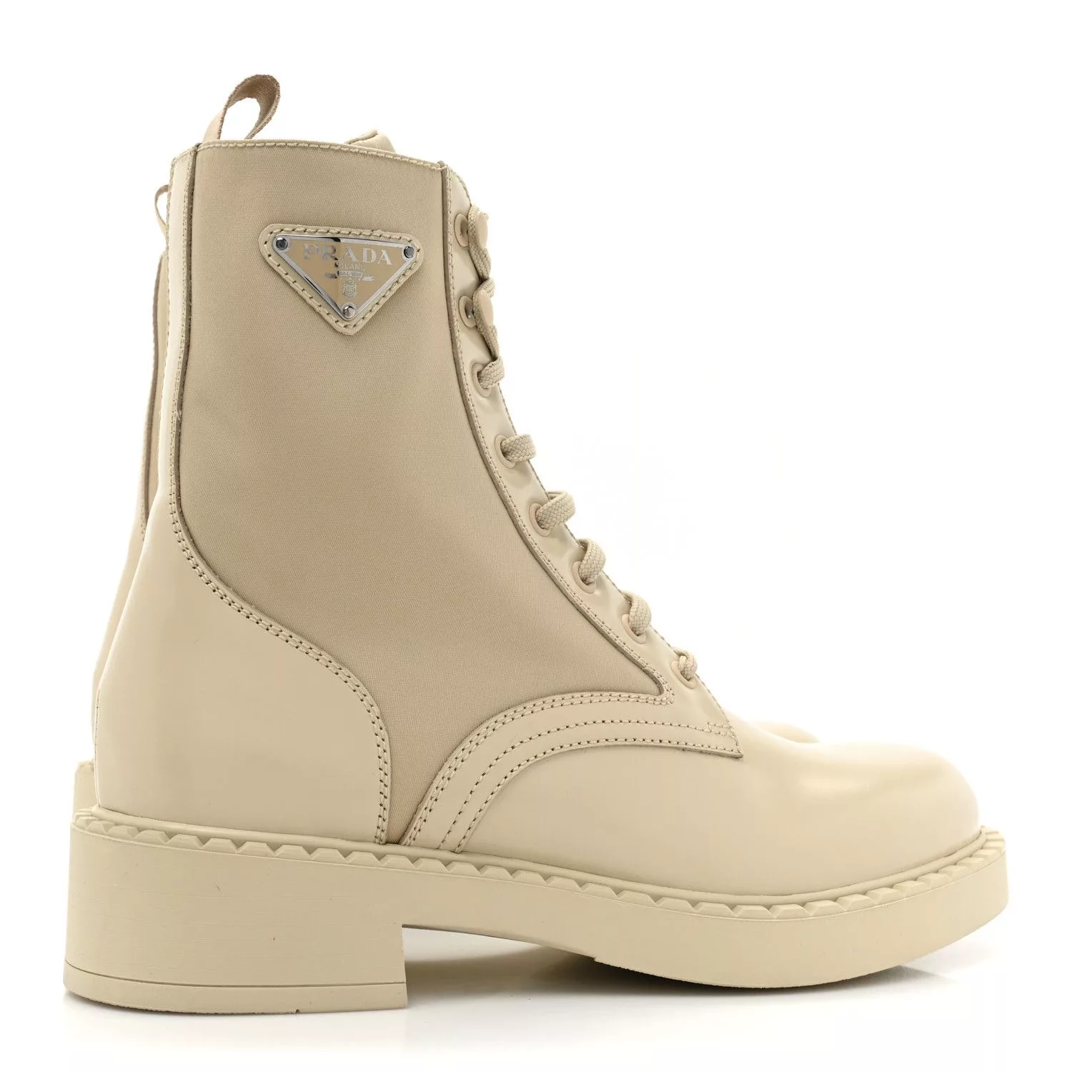 Prada Boots Prada Re-Nylon Triangle Logo Lace Up Boots Beige