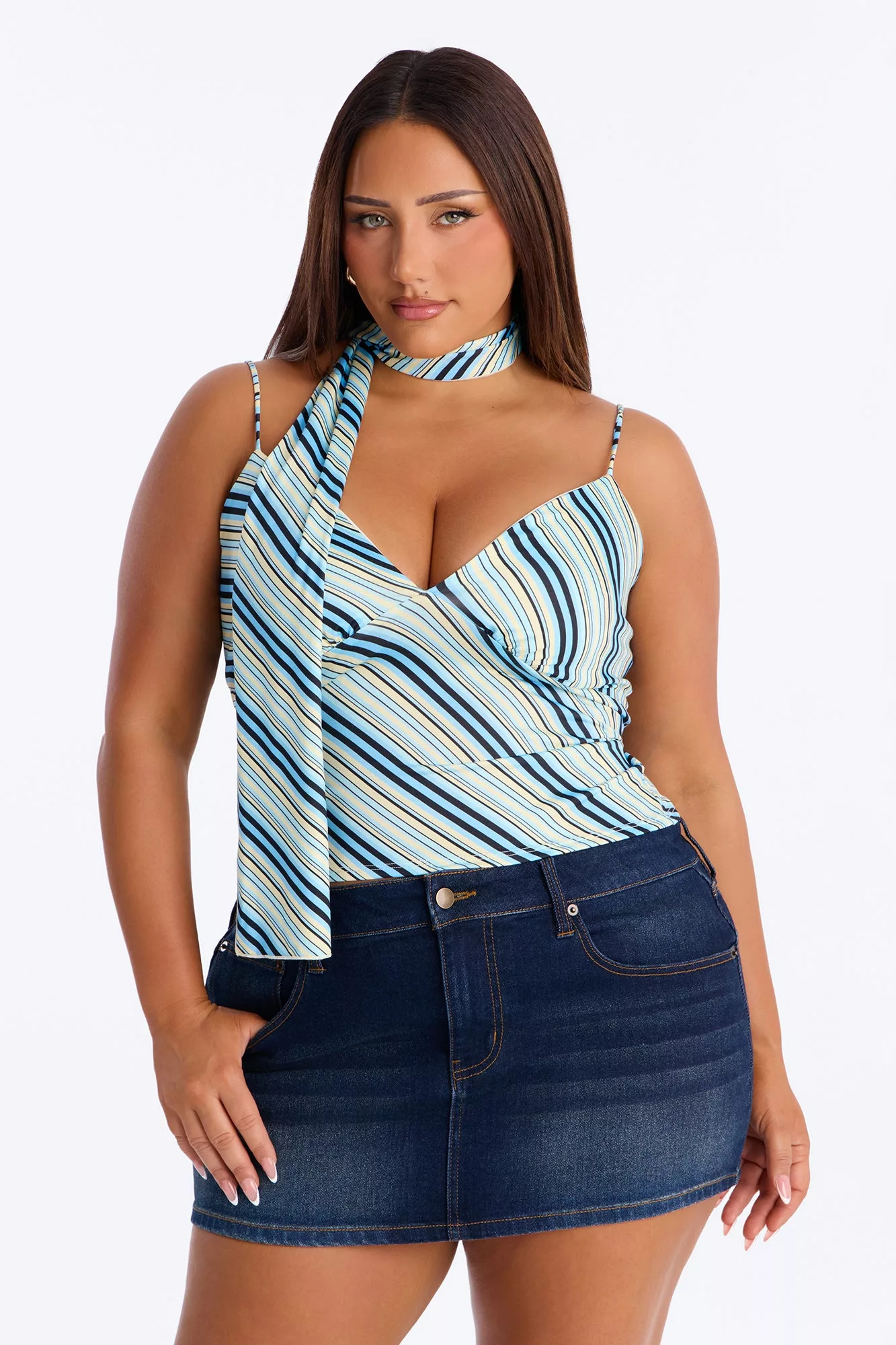 Elaina Striped V-Neck 2 Piece Top - Blue/combo